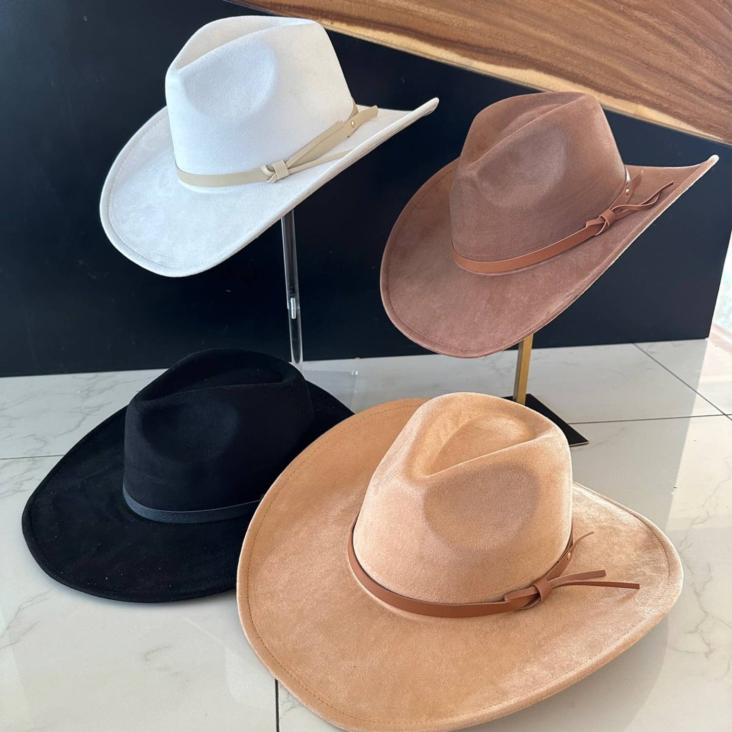 Queens INC - Fashion Vegan suede Cowboy hat  W/ Leather Belt: CAMEL / ONE SIZE