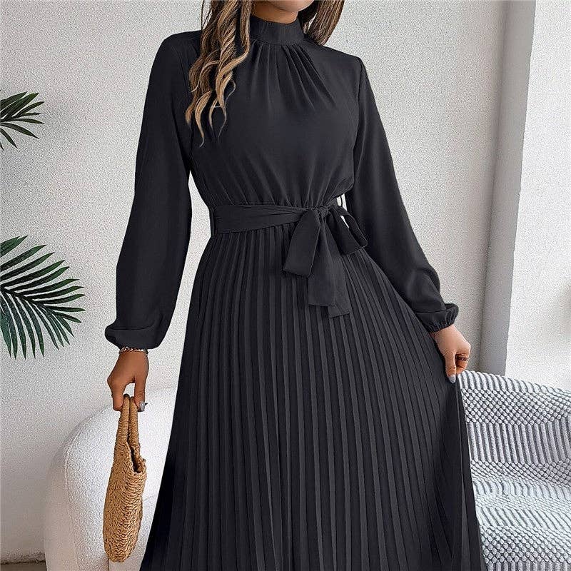 UZ Wholesale Store - Solid Color Stand Collar Long Sleeve Pleated Maxi Dress: BABY BLUE / XL