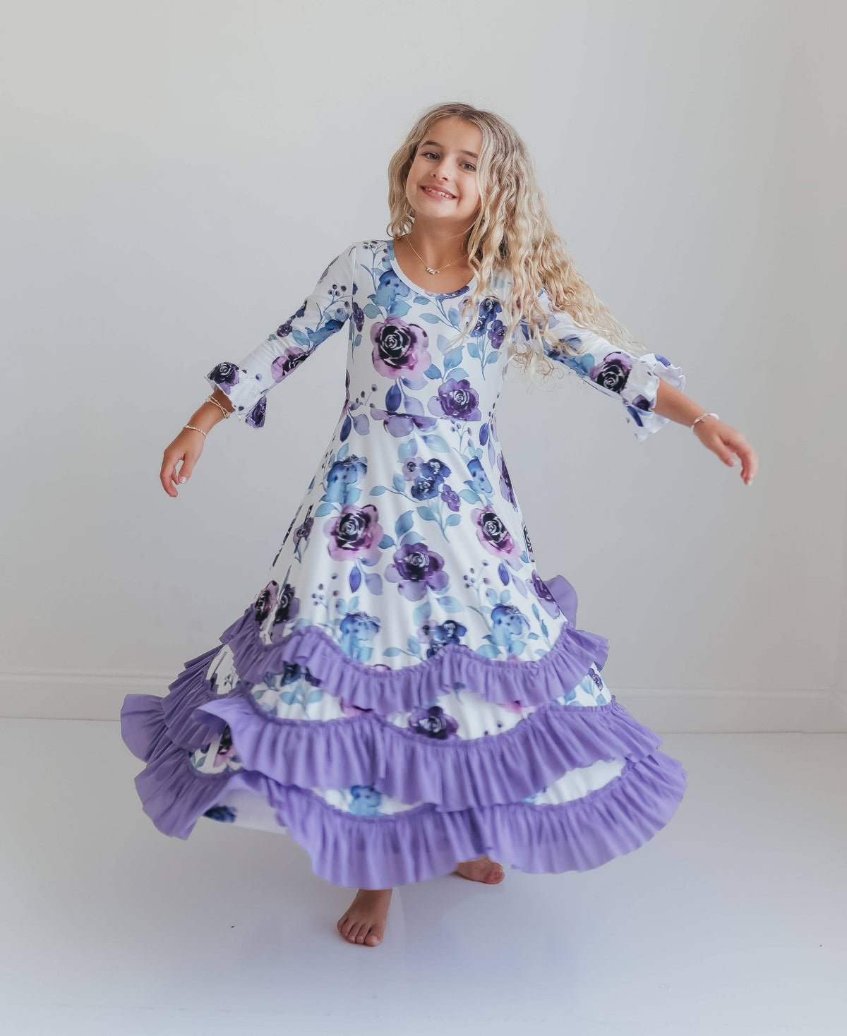 Oopsie Daisy - Girls Lavender Winter Floral Long Sleeve Ruffles Dress: 7/8