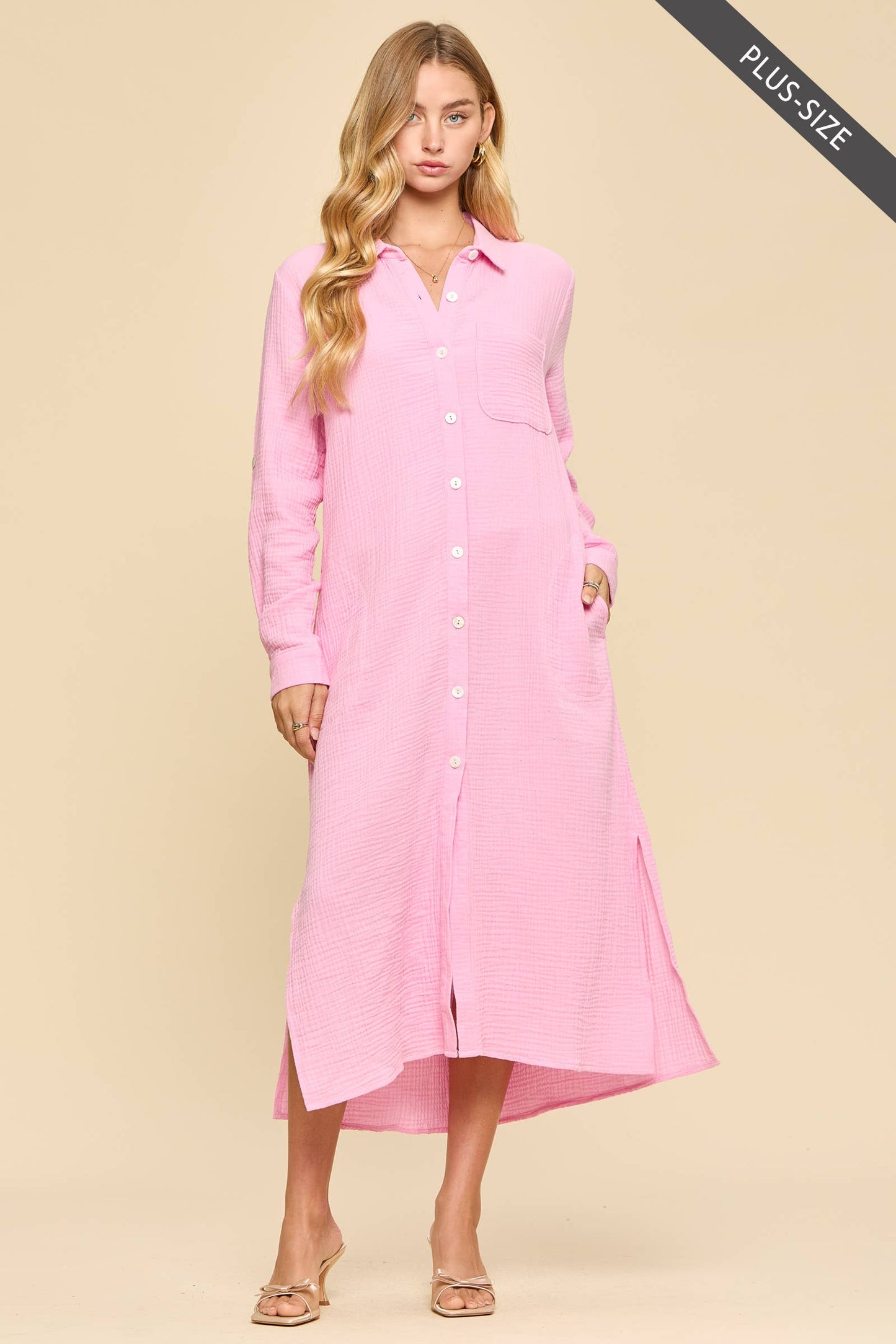 Dear Scarlett  Breathable Cotton Button-Down Duster: PEACH SORBET