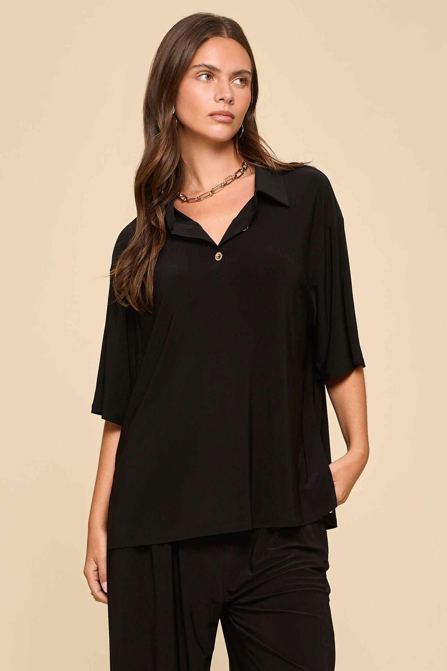 Dear Scarlett - 2-Piece Blouse + Relaxed Pants Resort Wear Set: BLACK / L