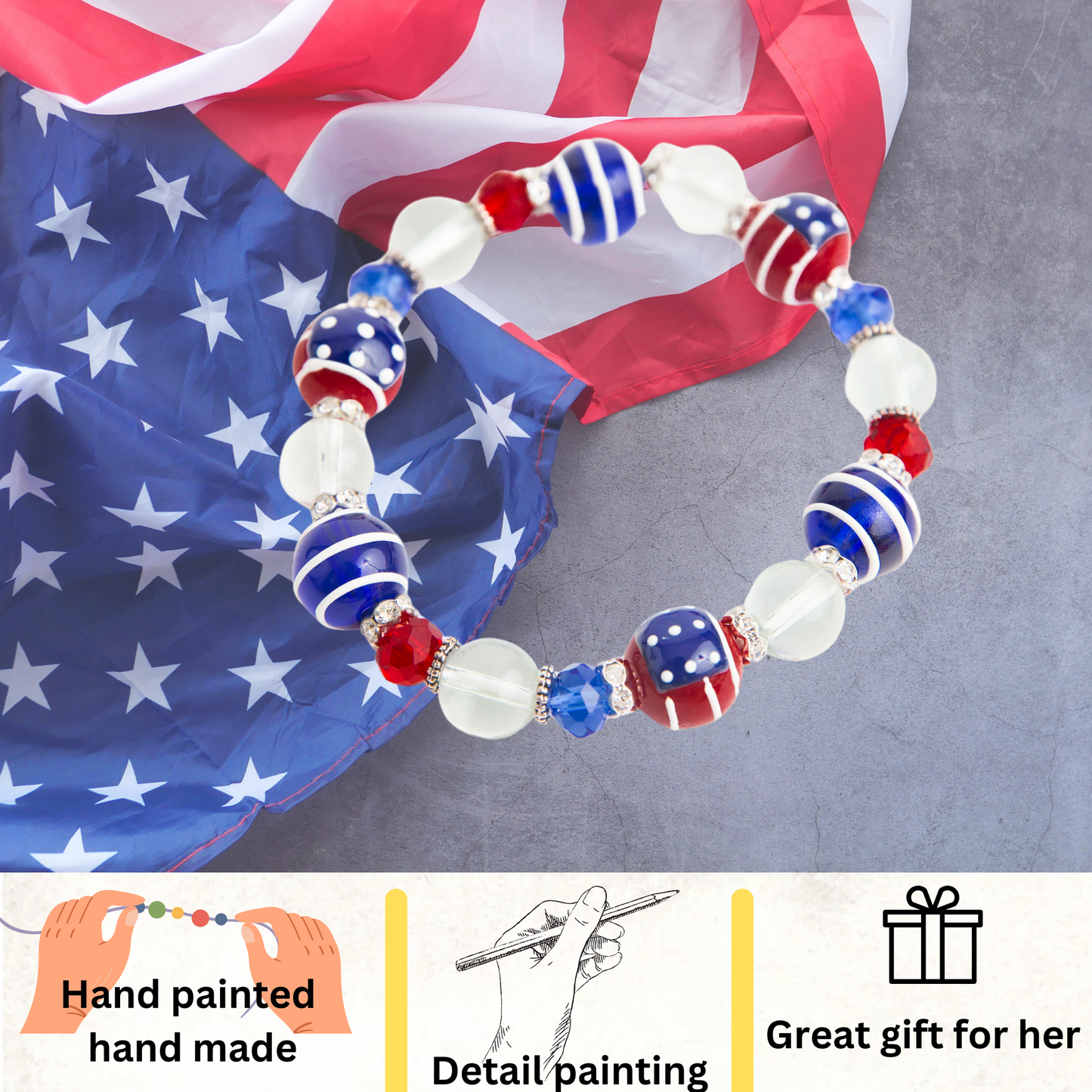 Fiona Accessories - American Flag Patriotic Bracelet, 4th of July Gift for Women: Flag
