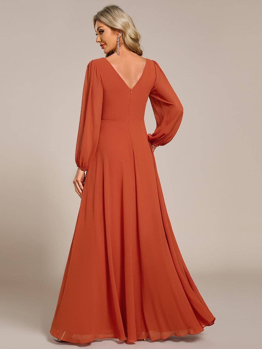 Ever-Pretty - Elegant waisted chiffon V-neck Long Sleeve guest Dress: Burgundy / 12
