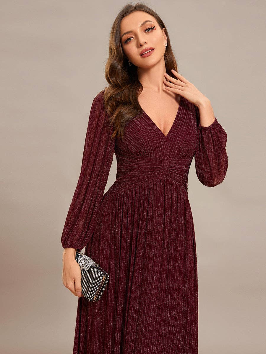 Ever-Pretty - Maxi Long Chiffon Waist V Neck Long Sleeves Evening Dress: Burgundy / 14
