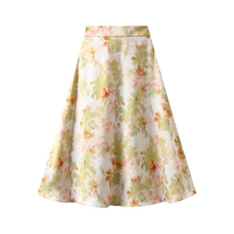 UZ Wholesale Store - Brilliant Satin Print Elastic Waist Drop Skirt: PINK / M