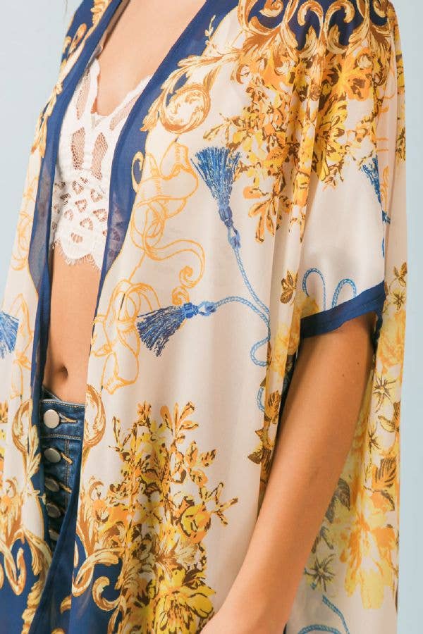 FLYING TOMATO - A printed woven midi kimono cover up-Ivory and Navy