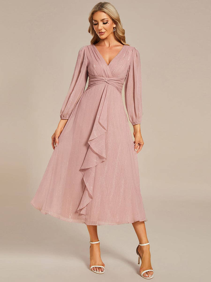 Ever-Pretty - Shiny Chiffon Wedding Guest Dress with Long Sleeve: Black / 12