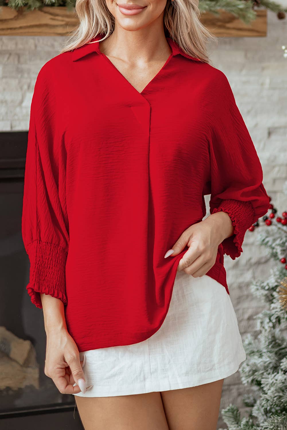 Aapparella - Red Shirred Collared 3/4 Sleeve Oversize Tunic Top Size S-4X