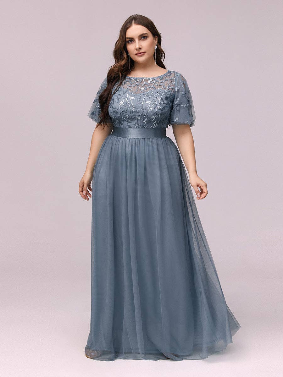 Ever-Pretty - Sequin Print Maxi Long Evening Dresses with Cap Sleeve: Dusty Navy / 16