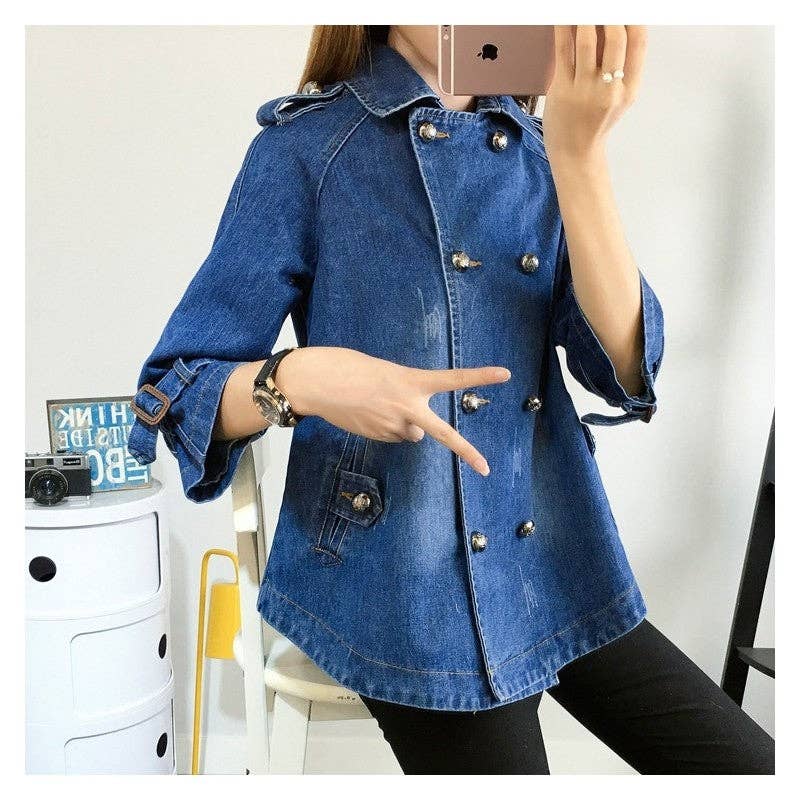 UZ Wholesale Store - Double Breasted Loose Denim Jacket: BABY BLUE / XL