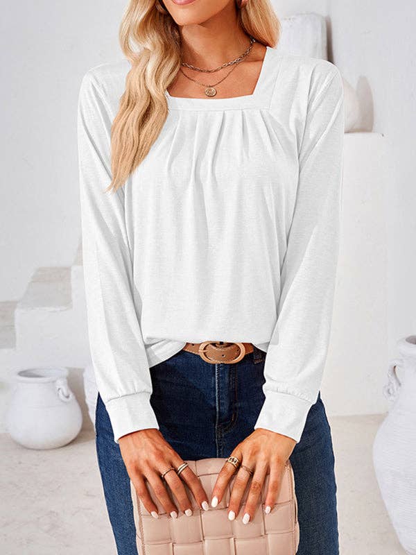 UZ Wholesale Store - Long Sleeves Loose Pleated Solid Color Square-Neck T-Shirts Tops: PINK / 2XL