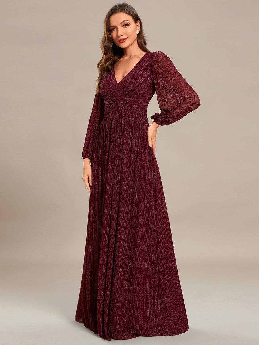 Ever-Pretty - Maxi Long Chiffon Waist V Neck Long Sleeves Evening Dress: Burgundy / 14