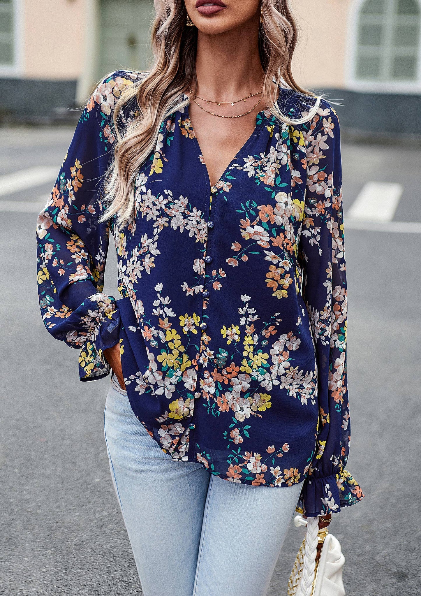 ePretty - Floral Button Down Long Sleeve Blouse SZ25-TP32012: Beige / S