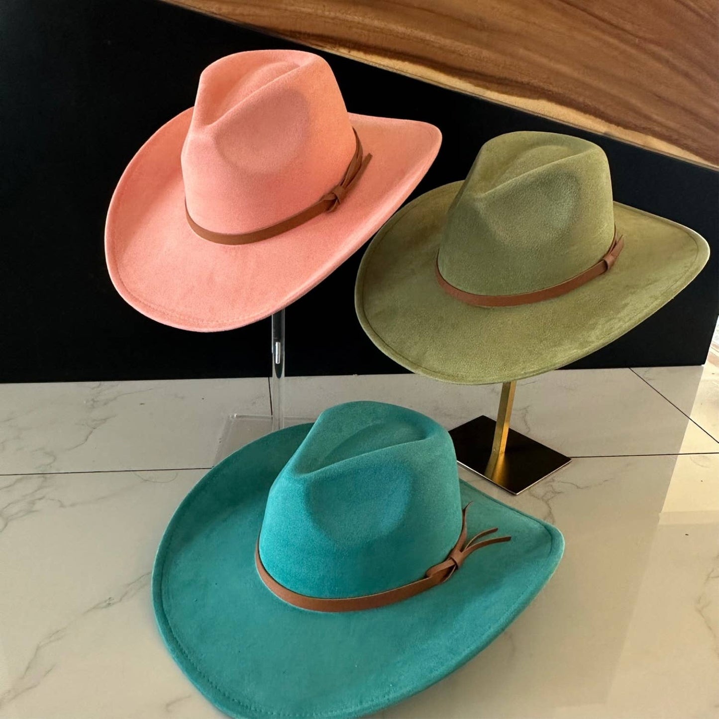 Queens INC - Fashion Vegan suede Cowboy hat  W/ Leather Belt: CAMEL / ONE SIZE