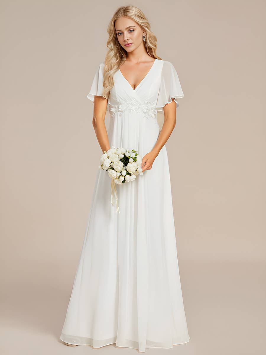 Ever-Pretty - V Neck Appliques Pleated Bridesmaid Dress: Dark Green / 24