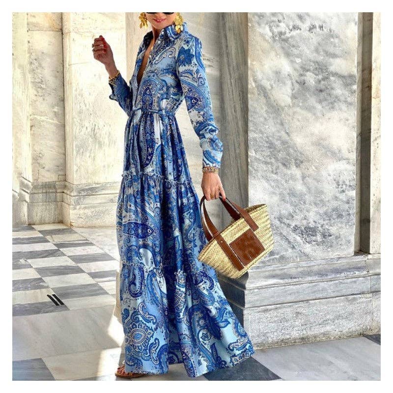 Legacy Stitchin' Elegant Lace-Up Maxi Dress with Printed Long Sleeves: BLUE / XL