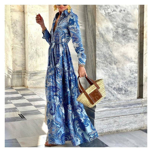 Legacy Stitchin Elegant Lace-Up Maxi Dress with Printed Long Sleeves: BLUE / M