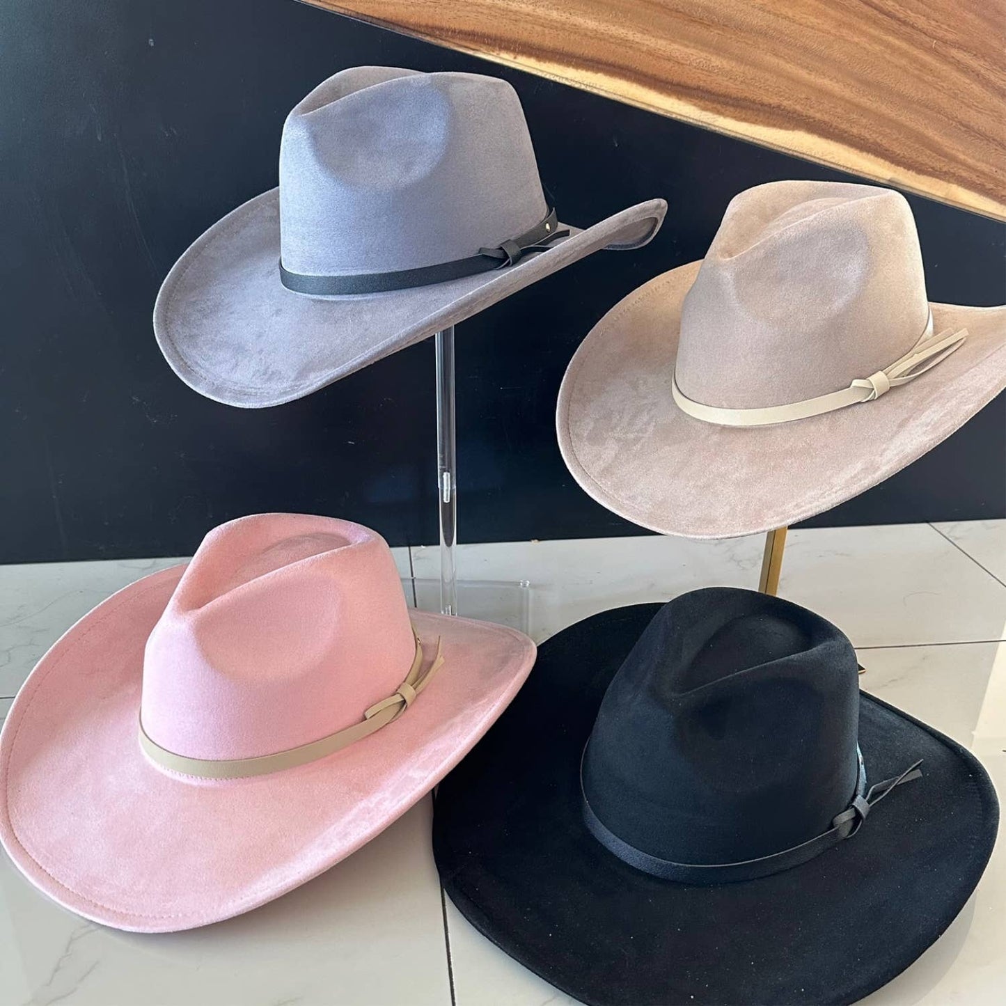 Queens INC - Fashion Vegan suede Cowboy hat  W/ Leather Belt: CAMEL / ONE SIZE
