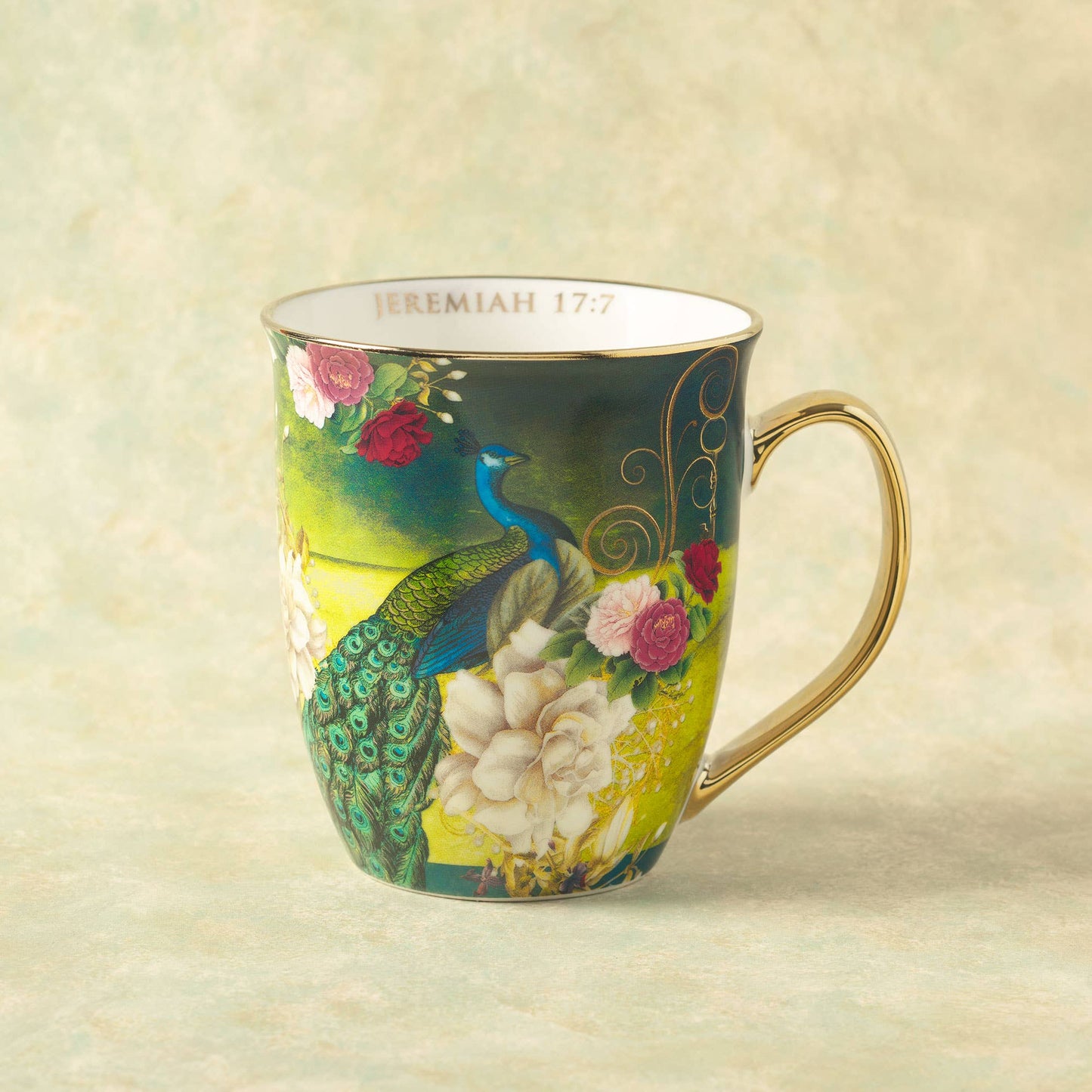 Christian Art Gifts - Mug Blue/White Peacock Blessed Jer. 17:7