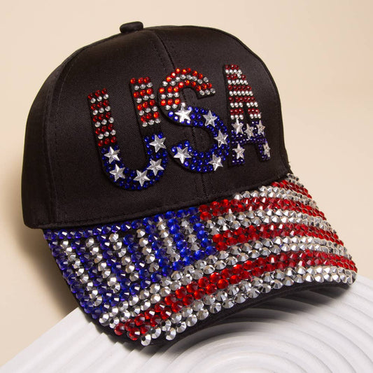 Sophia Collection - "USA" Flag Rhinestone Baseball Cap: Black or Red