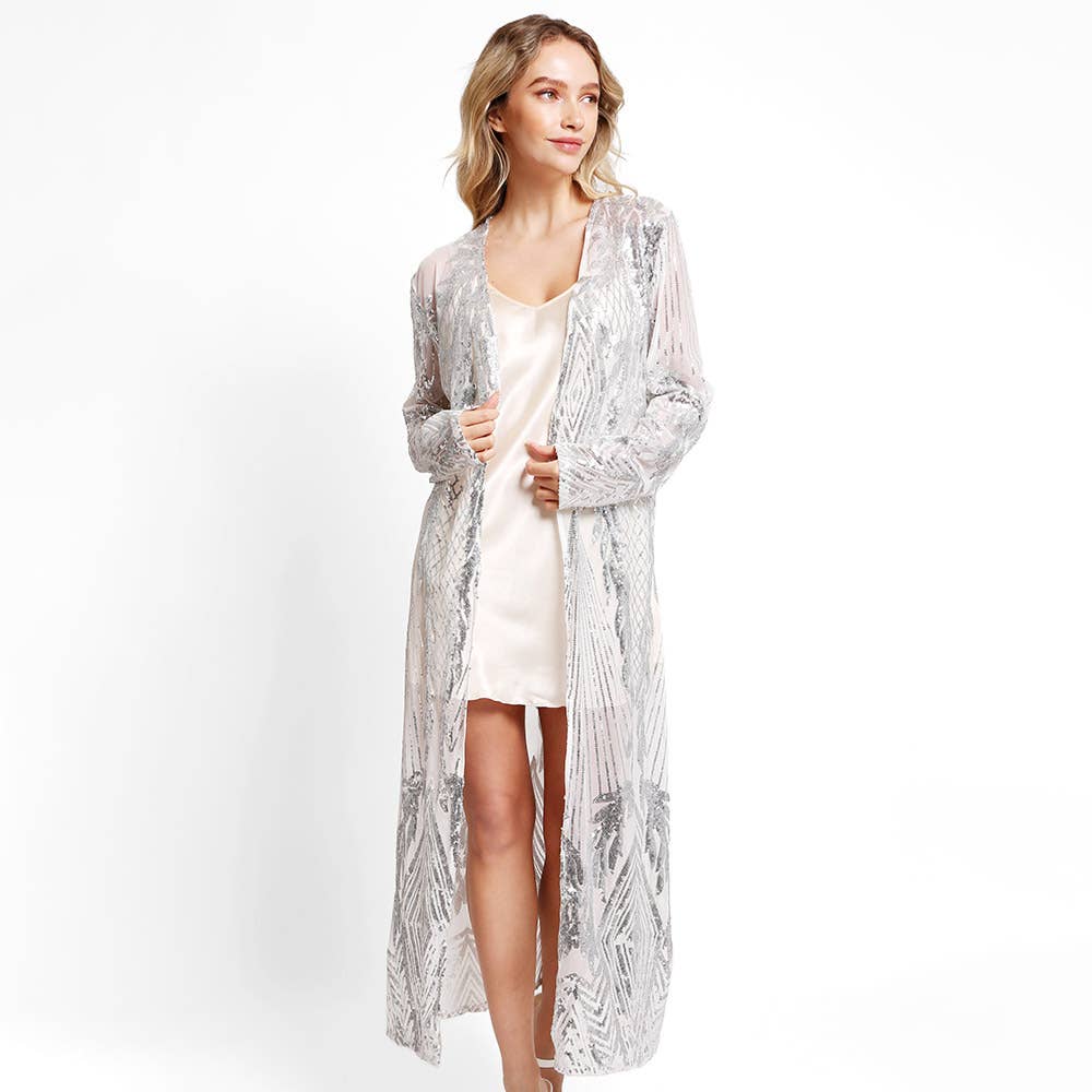 Sensibling Corp. - Leaves Pattern Sequin Long Cover-Up Kimono Poncho: Rose Gold