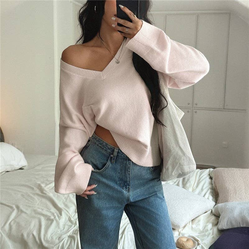 UZ Store V Neck Solid Color Long Sleeve Sweater: BUFF (pale yellow)