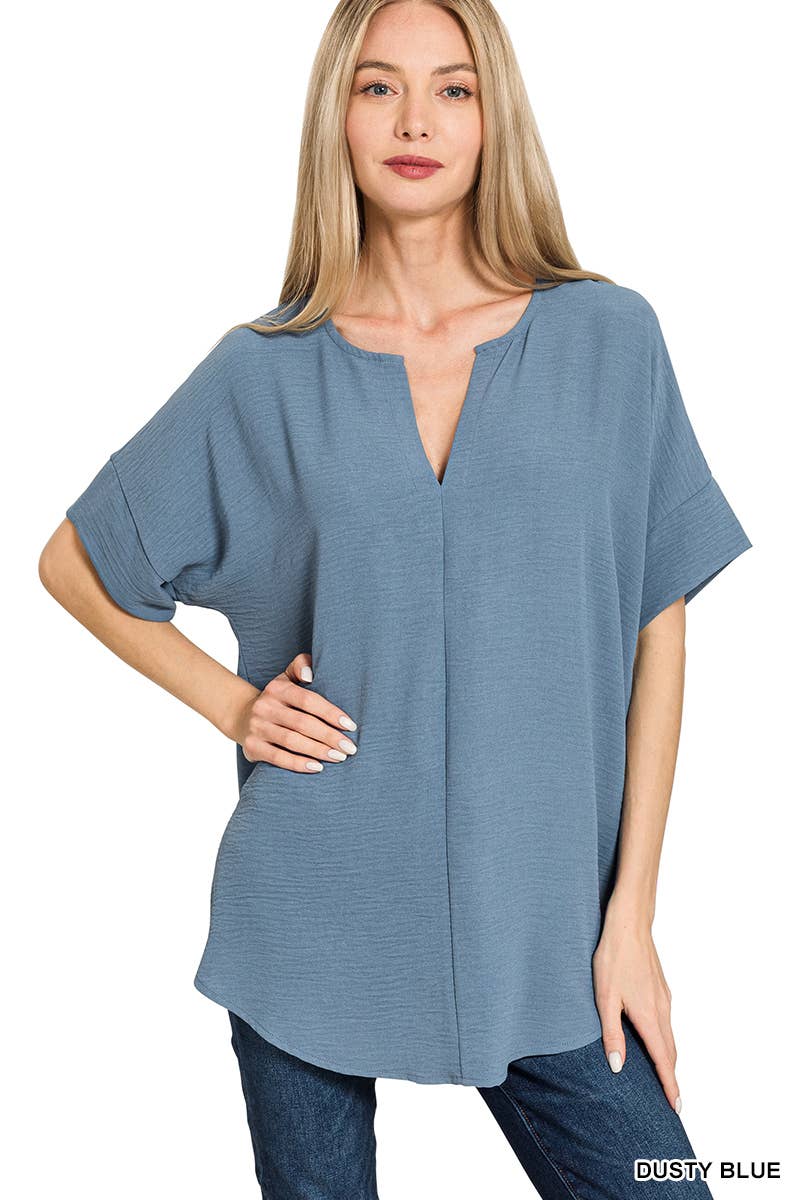 42POPS-Woven Airflow Split Neck Short Sleeve Top Coral