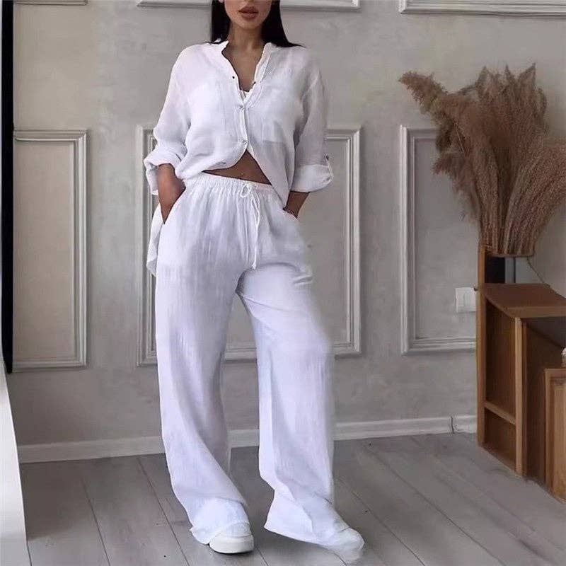 UZ Wholesale Store - Casual Solid Shirt Drawstring Wideleg Pants Set: BLACK / M