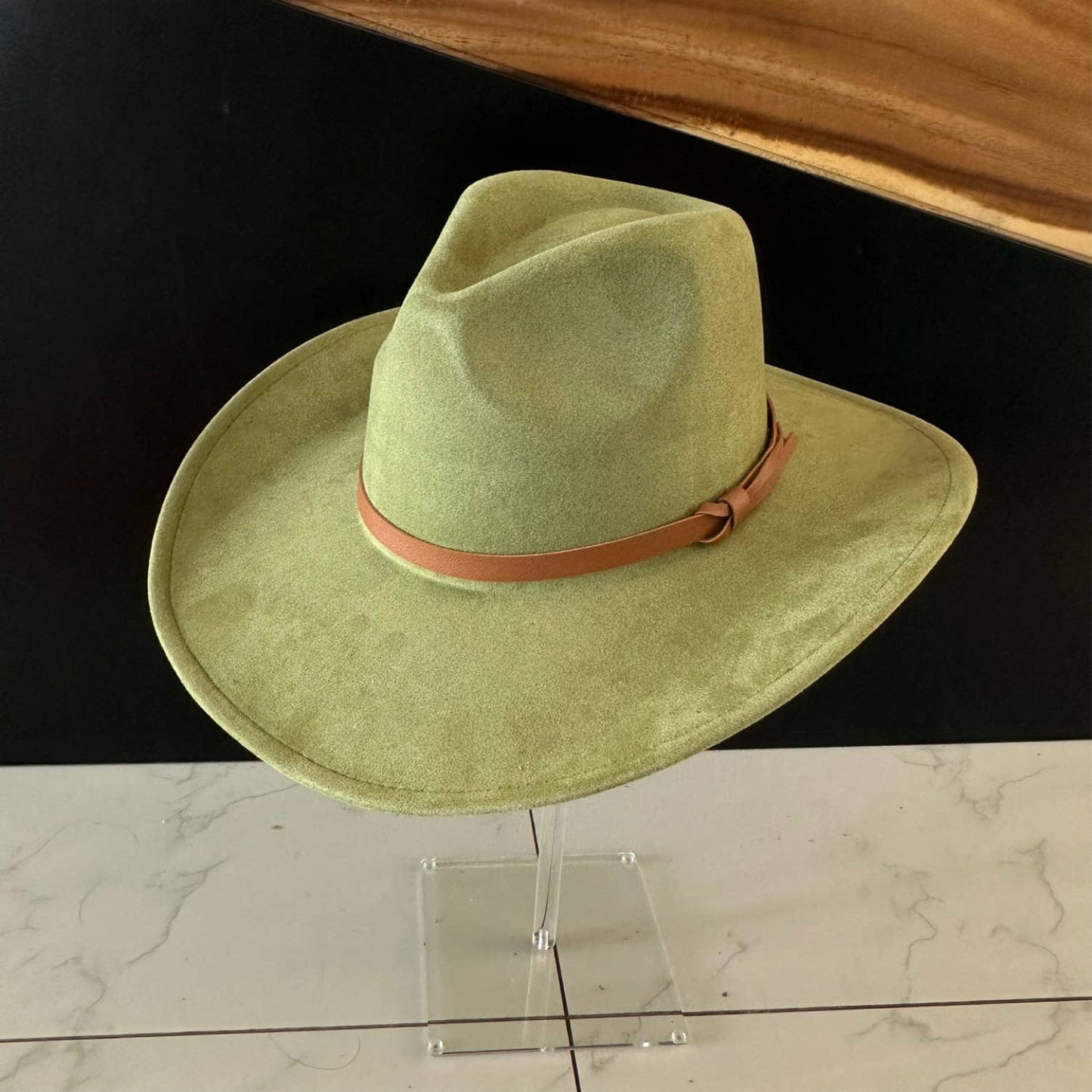 Queens INC - Fashion Vegan suede Cowboy hat  W/ Leather Belt: CAMEL / ONE SIZE