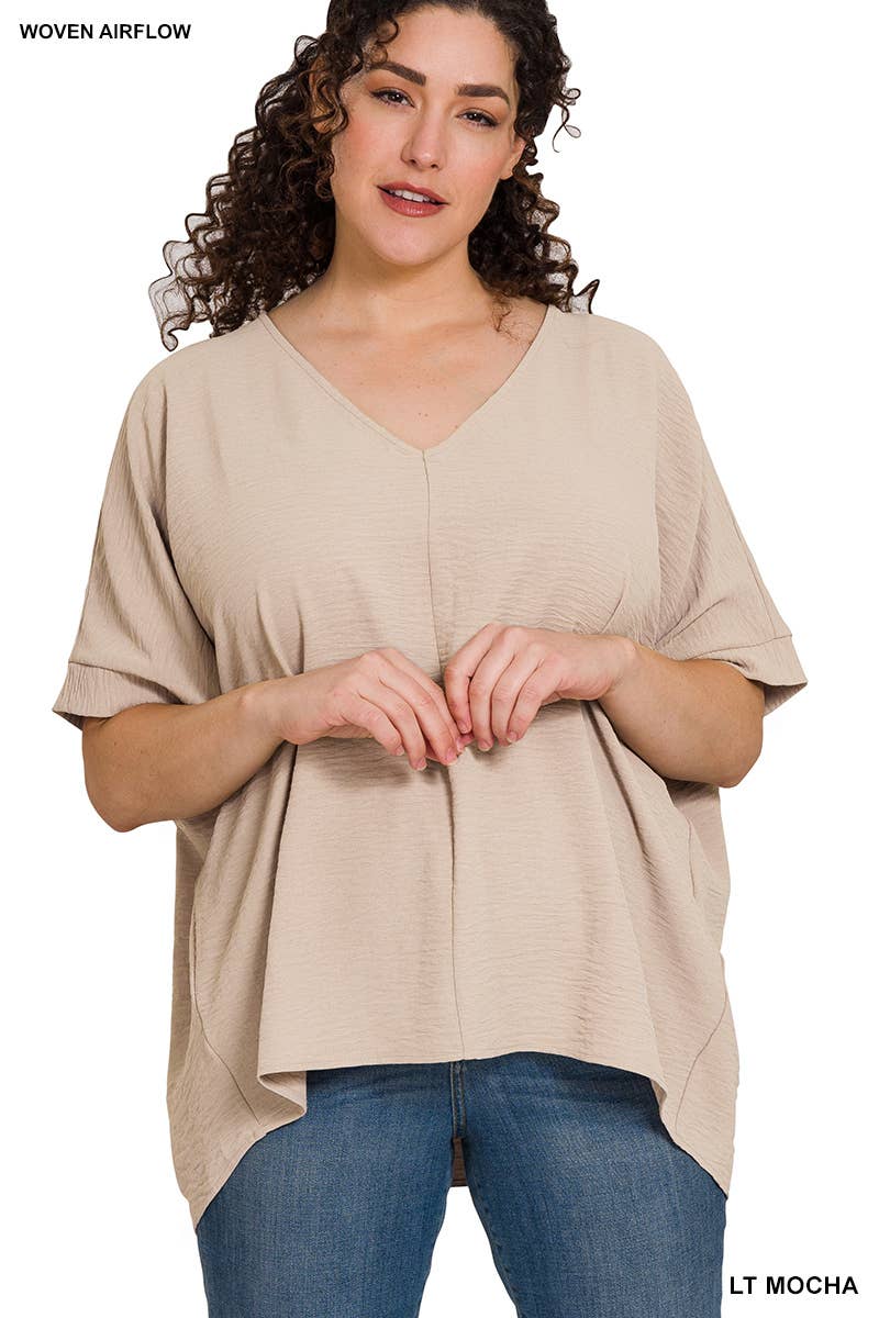 42POPS - PLUS SIZE WOVEN AIRFLOW V-NECK DOLMAN SHORT SLEEVE TOP: FUCHSIA-152206 / 2X