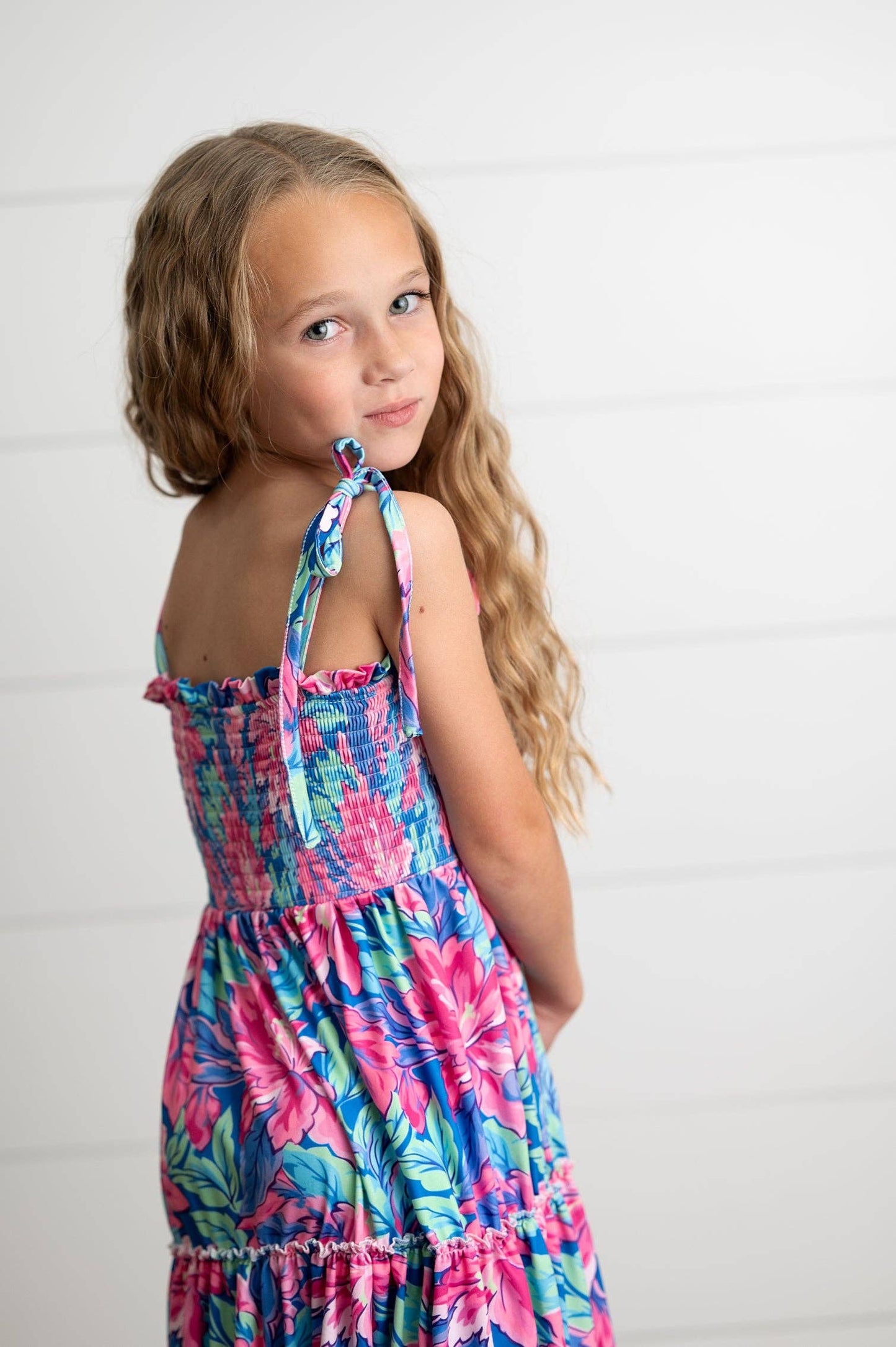 Oopsie Daisy - Girls Hot Pink Hawaiian Tropical Tiered Spring Maxi Dress: 10/12