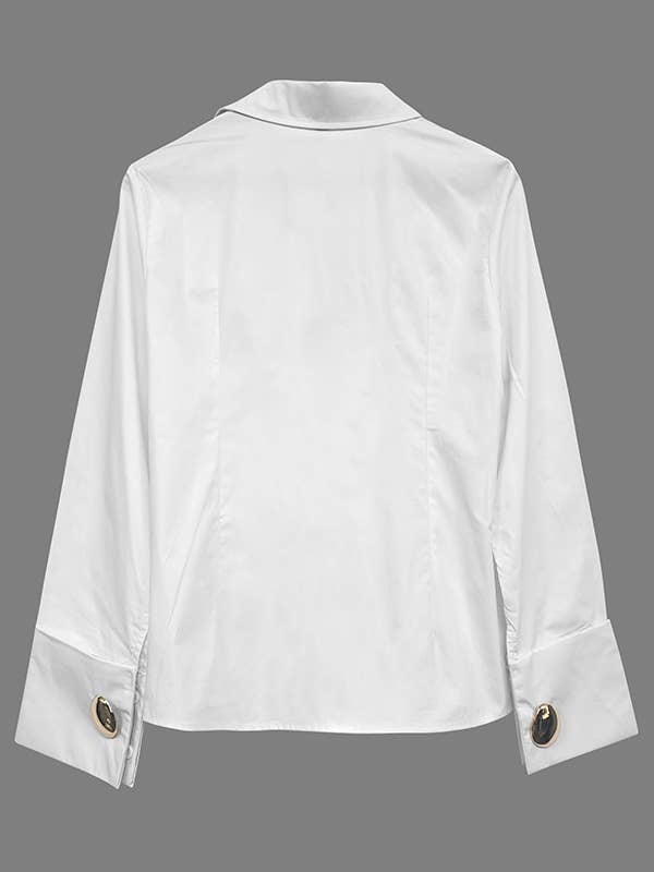 Sheer Trend - Long Sleeves Loose Buttoned Solid Color Lapel Blouses&Shirts Tops: WHITE / L