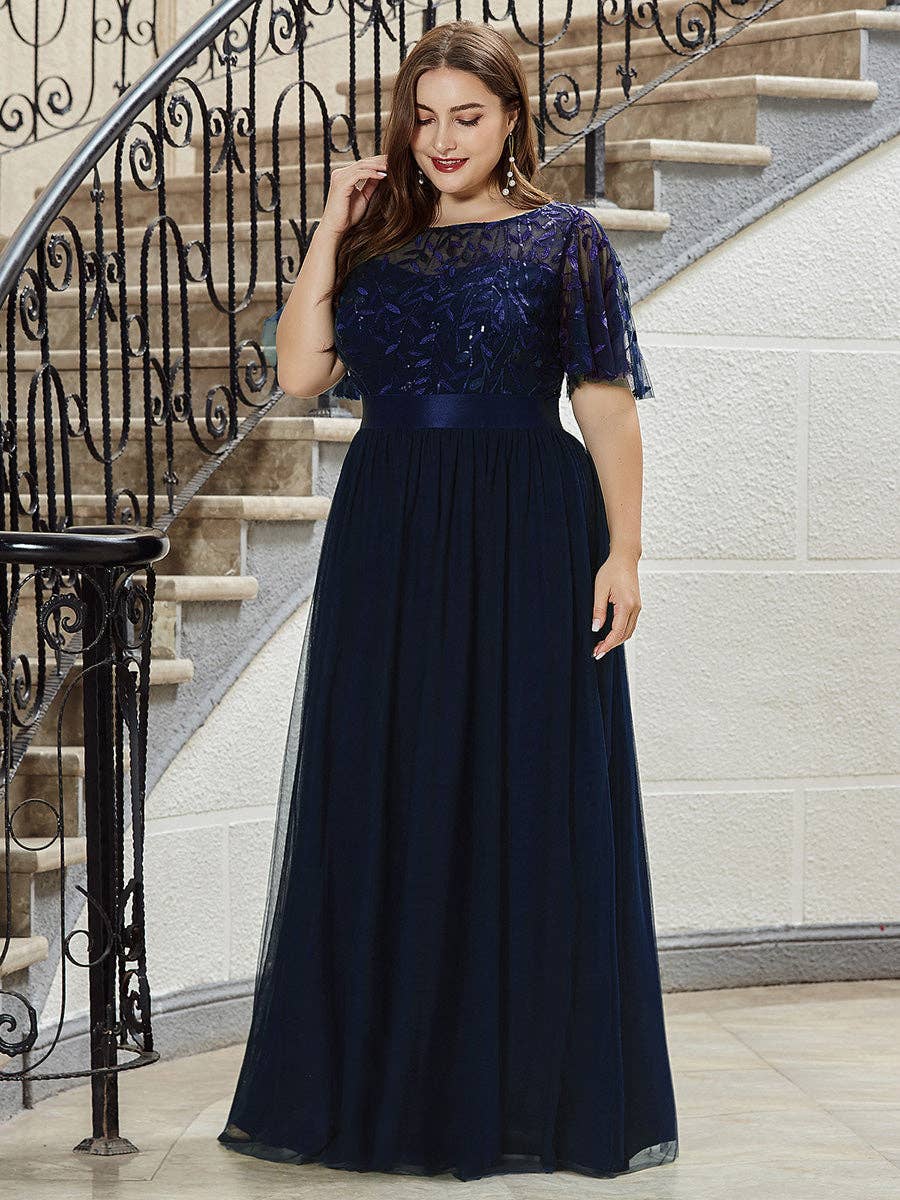 Ever-Pretty - Sequin Print Maxi Long Evening Dresses with Cap Sleeve: Dusty Navy / 16