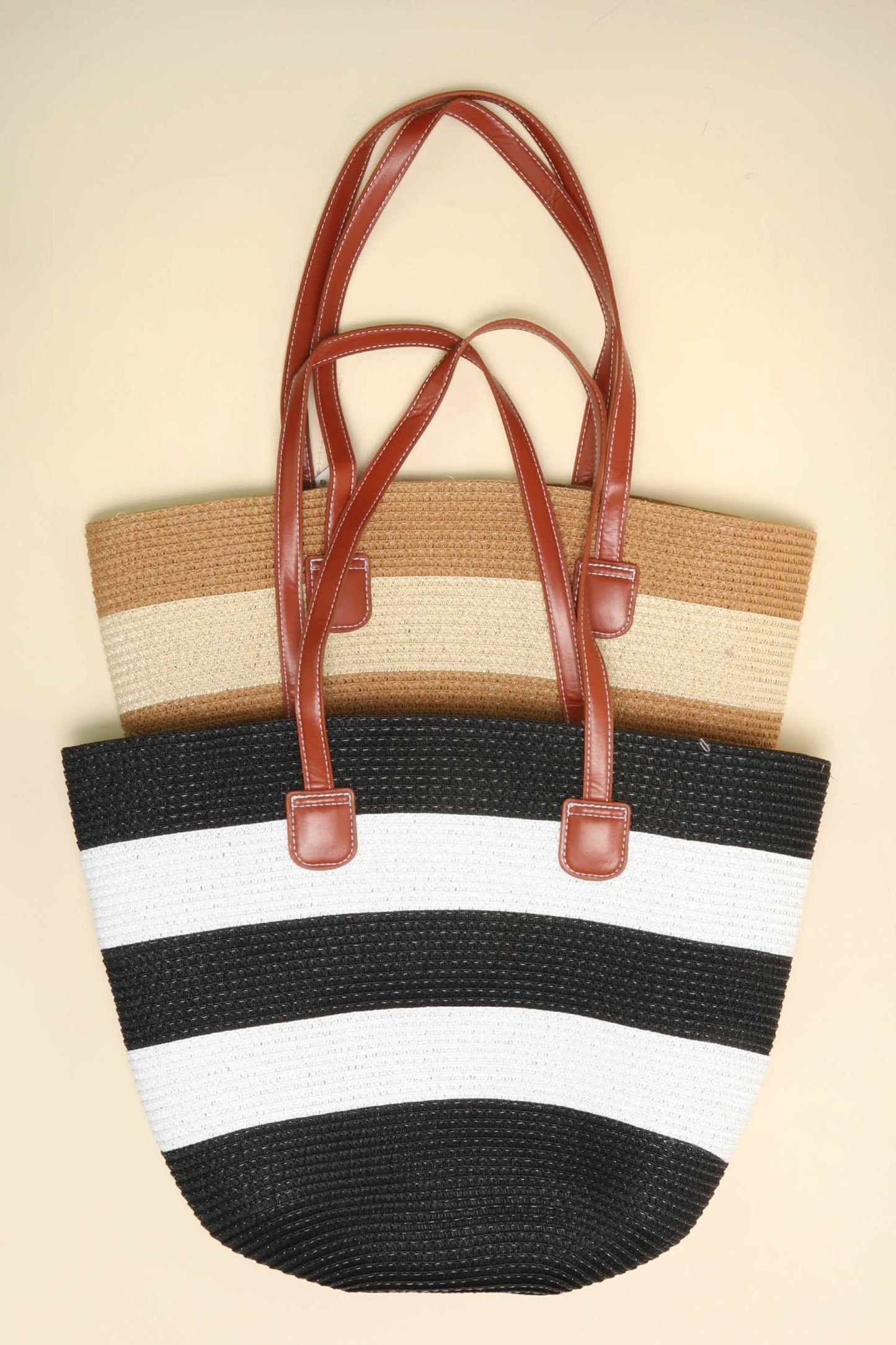 SP Sophia Collection - Striped Woven Shoulder Bag with 25" Faux Leather Handles: Brown/Beige