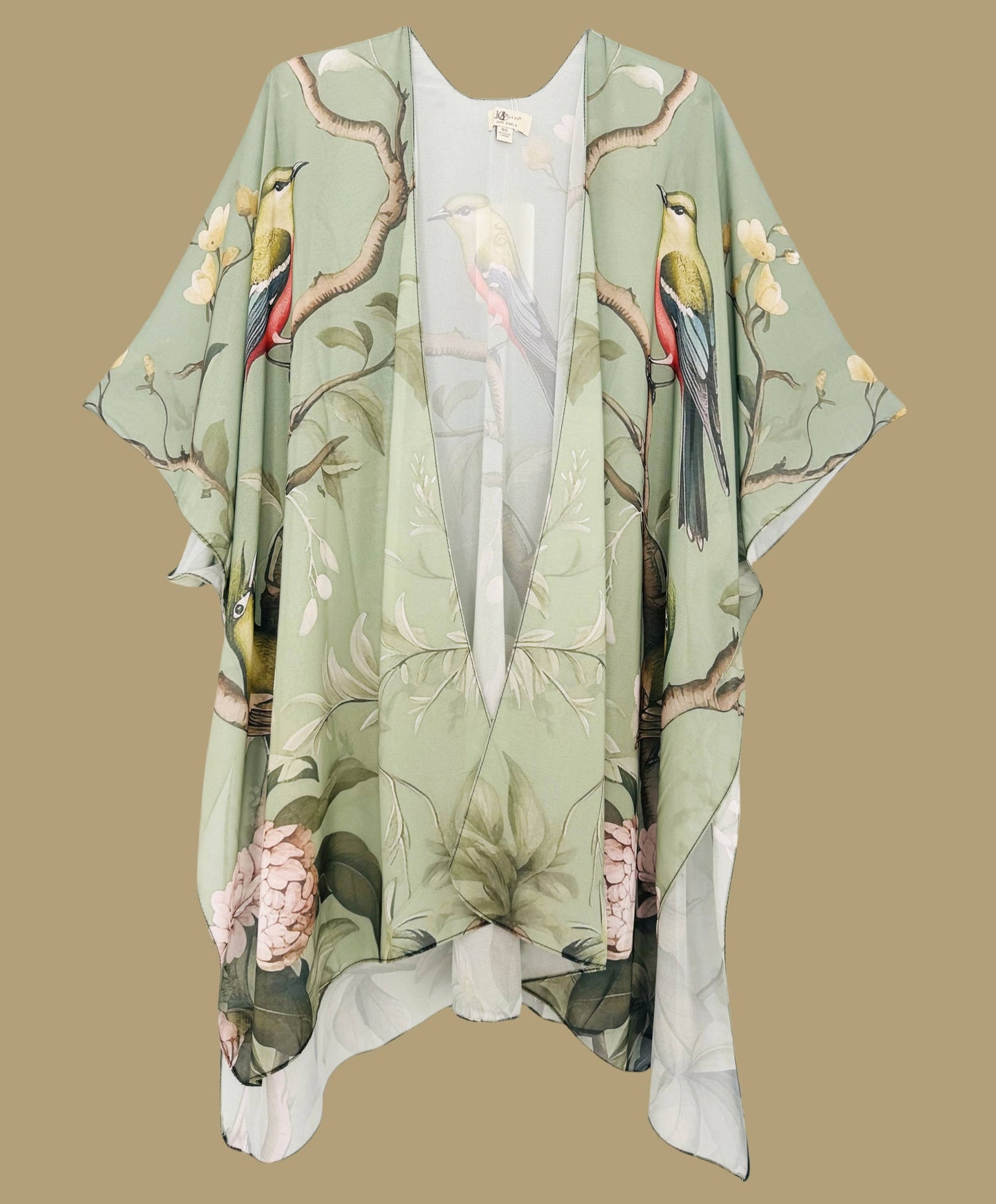 JC Sunny Fashion - JC091729 Green-Multi Spring Garden Blooms & Birds Kimono/Cover-Up