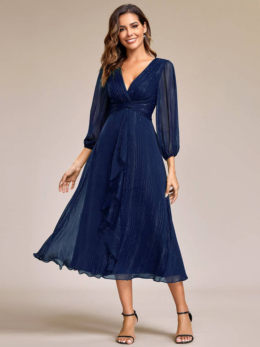 Ever-Pretty - Shiny Chiffon Wedding Guest Dress with Long Sleeve: Black / 12