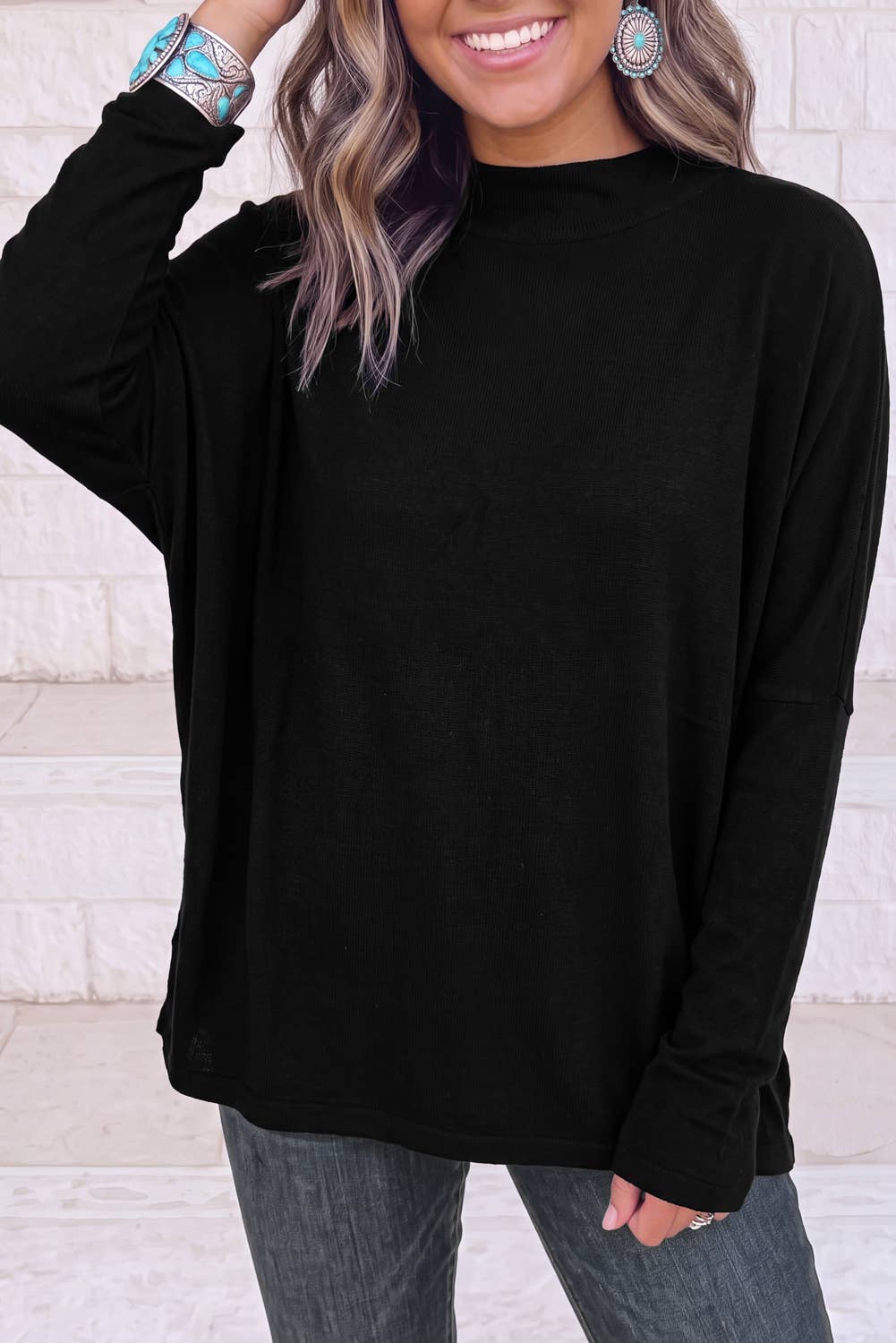 1 the Woman - Oversized Mock Neck Long Sleeve Layering Basic Blouse: Smoke Gray / M