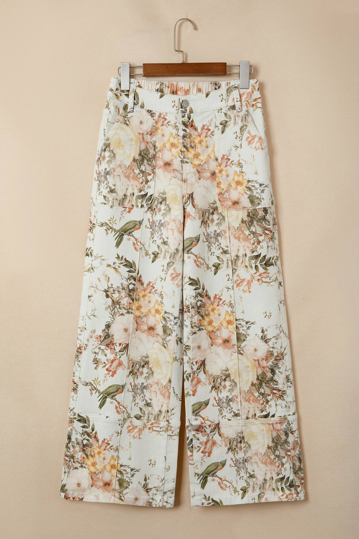 66DISCO - Floral Print High Waisted Wide Leg Denim Jeans: Beige / 4