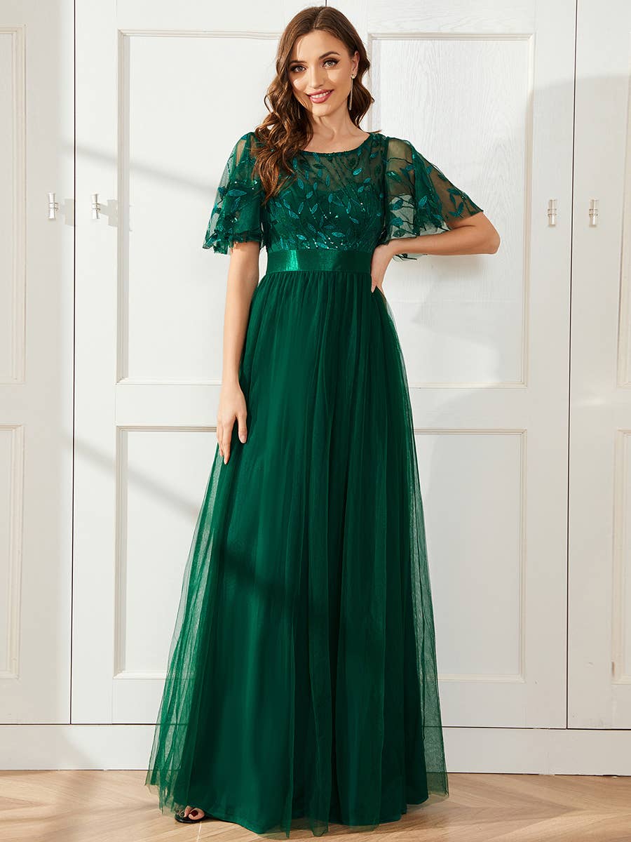 Ever-Pretty - Sequin Print Maxi Long Evening Dresses with Cap Sleeve: Dusty Navy / 14