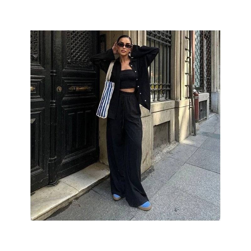 UZ Wholesale Store - Casual Solid Shirt Drawstring Wideleg Pants Set: BLACK / M