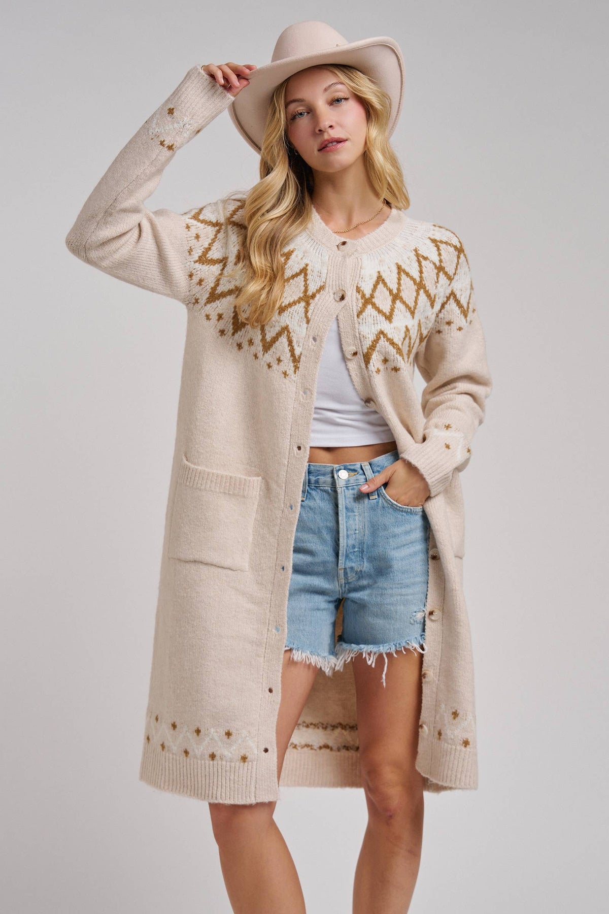 BON - NORDIC FAIR ISLE SWEATER LONG CARDIGAN IN OATMEAL