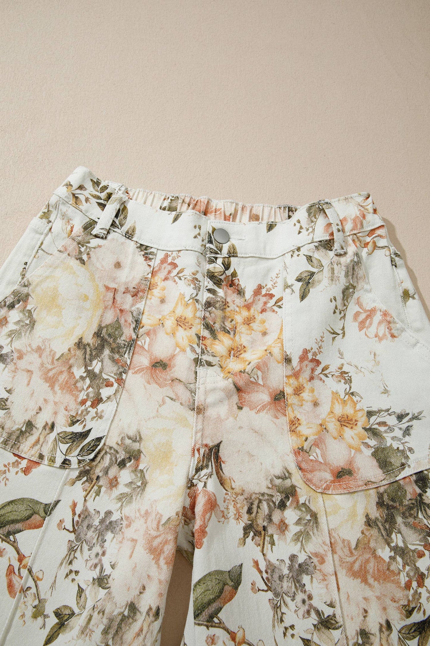 66DISCO - Floral Print High Waisted Wide Leg Denim Jeans: Beige / 12