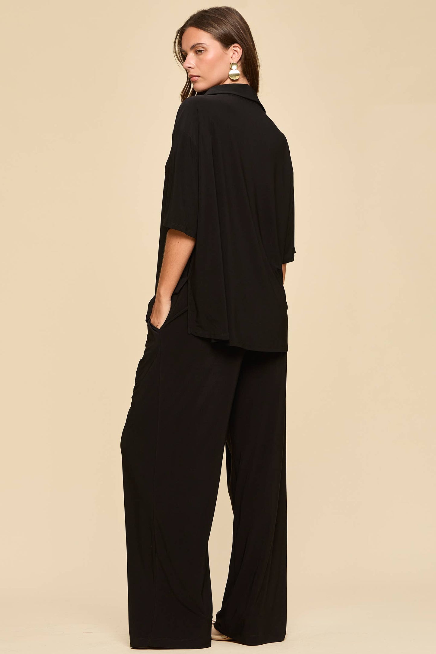 Dear Scarlett - 2-Piece Blouse + Relaxed Pants Resort Wear Set: BLACK / M