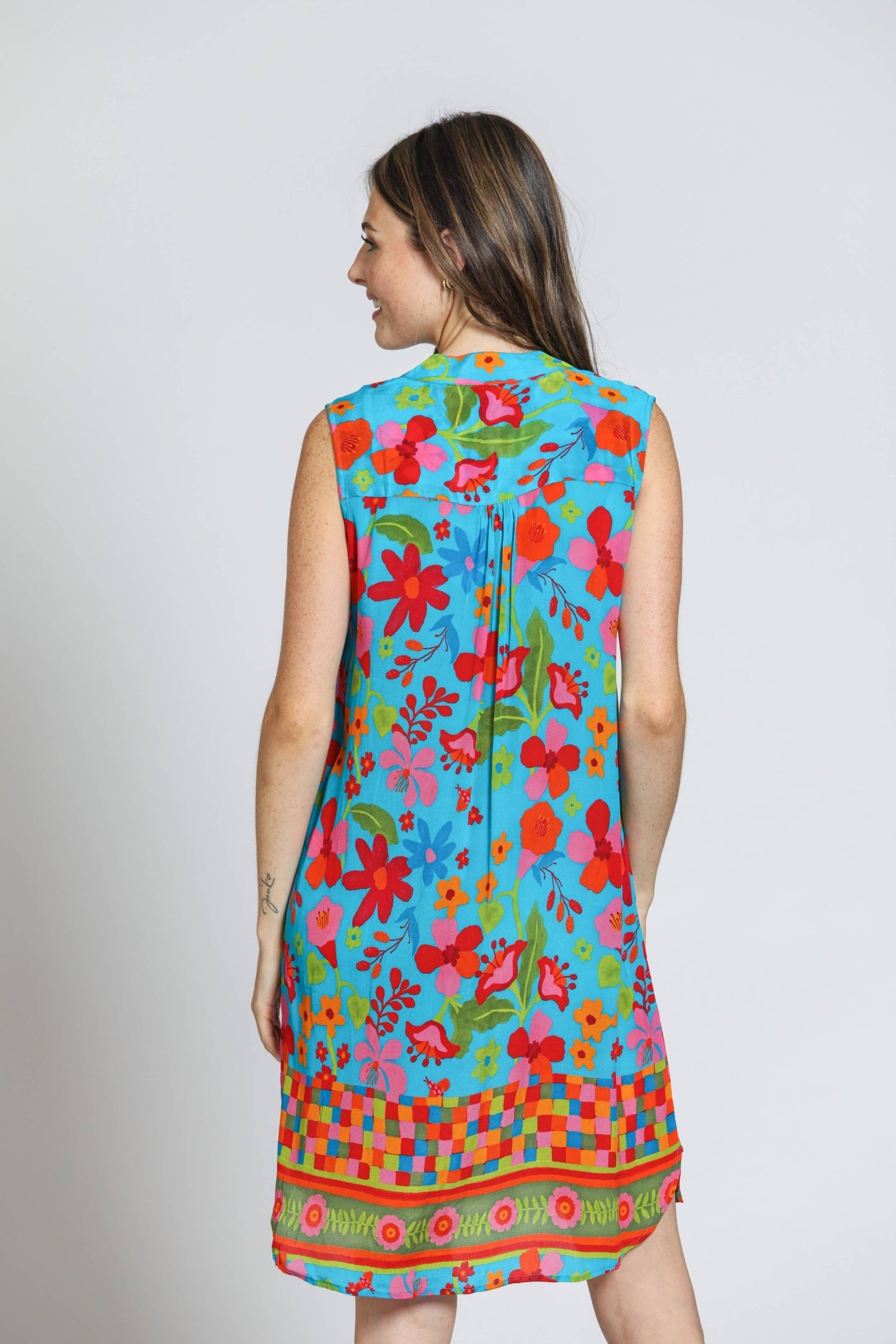 APNY - Sleeveless 1/2 Button-Up Dress - Blue Multi: Blue Multi / XS