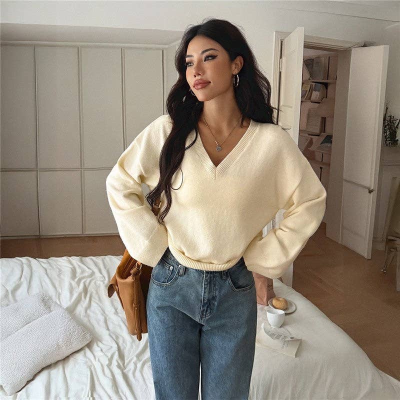 UZ Store V Neck Solid Color Long Sleeve Sweater: BABY BLUE