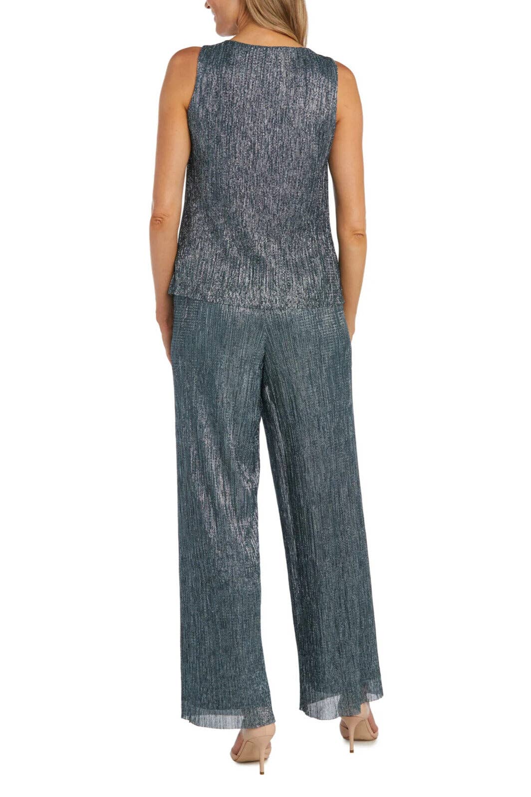 Immediate Apparel - R&M Richards Three Piece Crinkle Pantsuit Mesh Chiffon Jacket Relaxed-Fit Trousers with Necklace: SPRUCE / 14