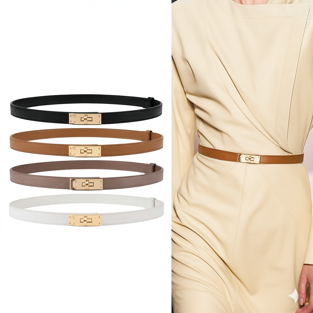 Infinite Basics - Women’s Skinny Leather Adjustable Belt with Turn-Lock Buckle for Dresses & Jeans: White
