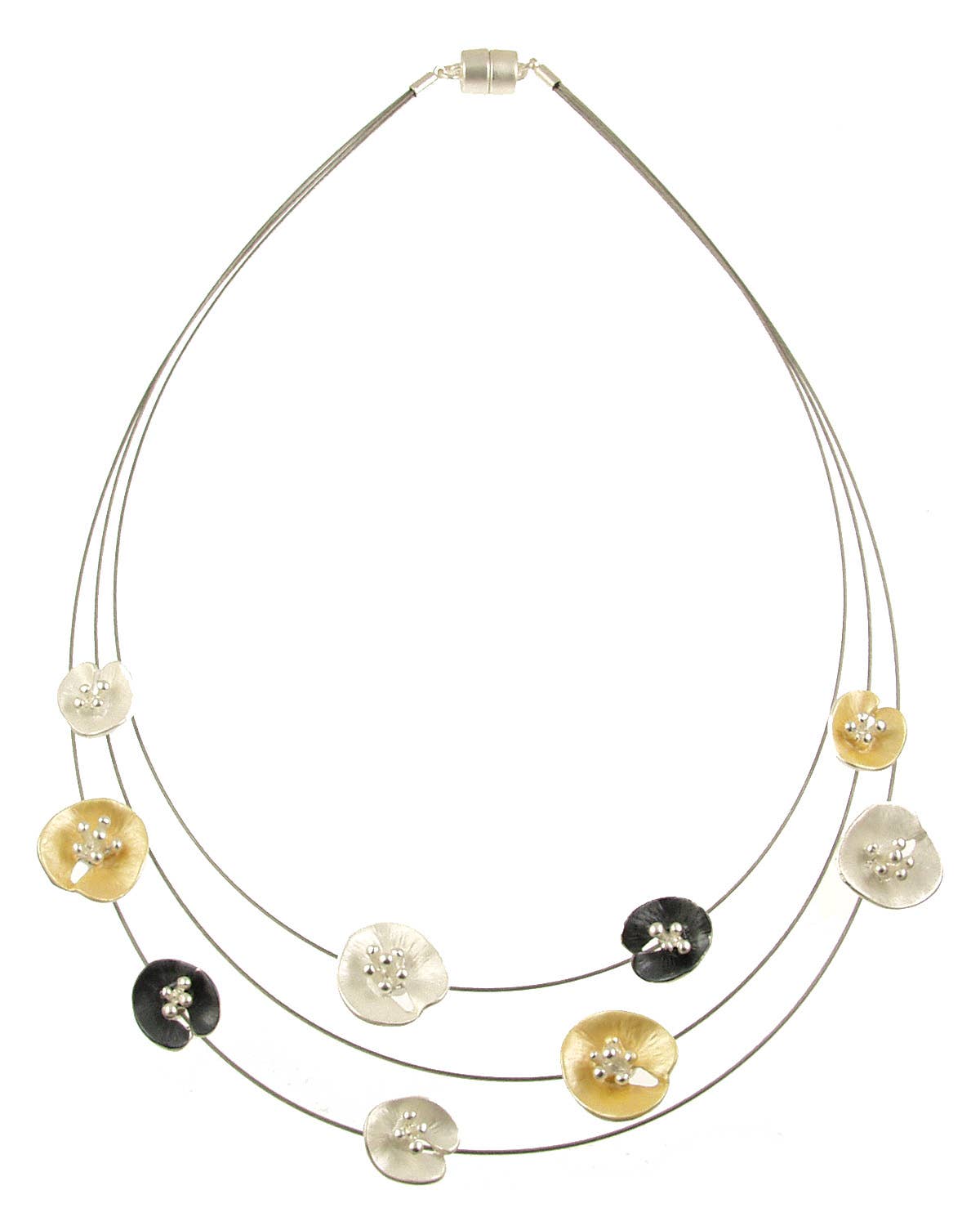 Origin Jewelry - Floral Lilypad Necklace, Three Strands, 18", Magnetic Clasp: Gr Gold