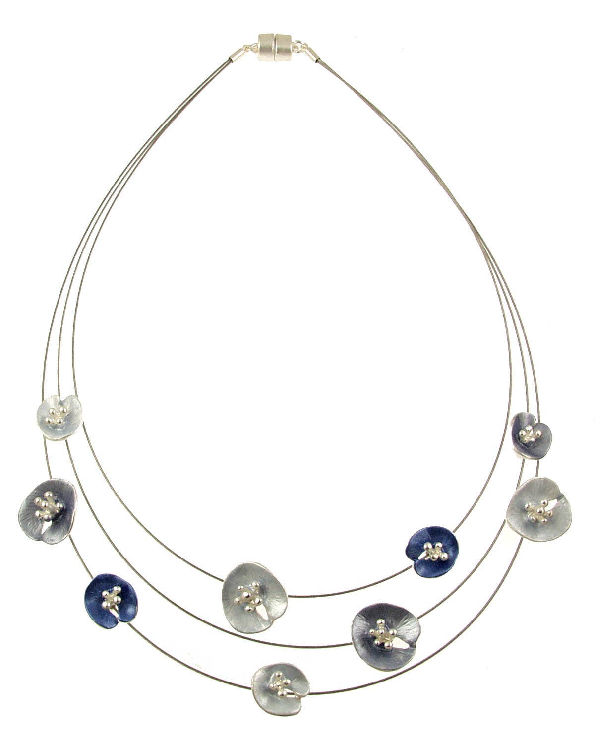 Origin Jewelry - Floral Lilypad Necklace, Three Strands, 18", Magnetic Clasp: Aqua