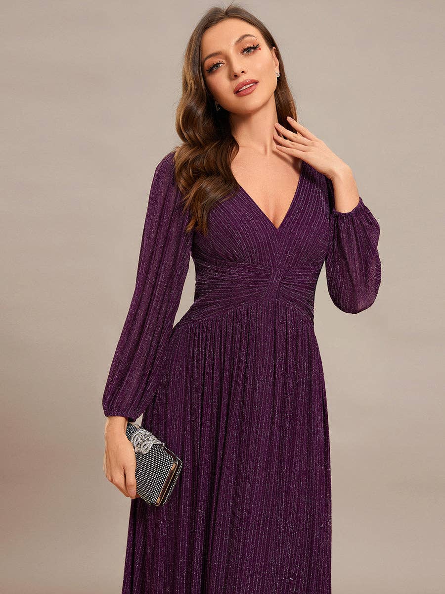 Ever-Pretty - Maxi Long Chiffon Waist V Neck Long Sleeves Evening Dress: Burgundy / 14